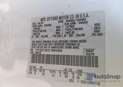 2001 Ford Ranger Edge/Xlt z USA, uszkodzony, nr VIN 1FTZR15E21TB04206